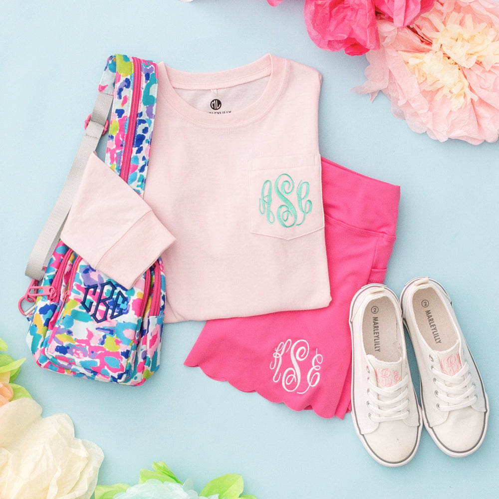 blush kids long sleeve shirt with bag and skort