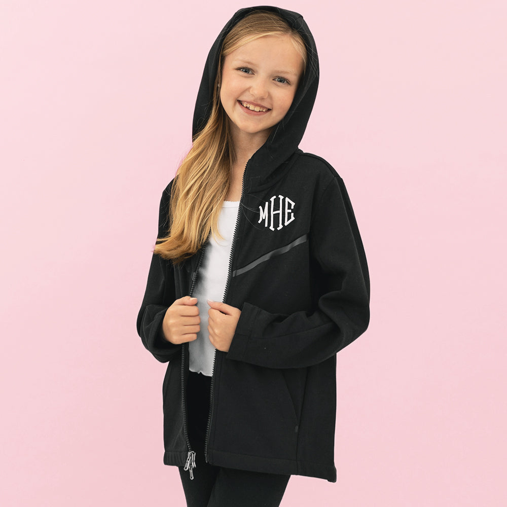 [addie] close up of girl wearing monogrammed black full zip hoodie