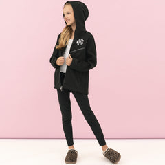 girl with personalized black full zip with hoodie on