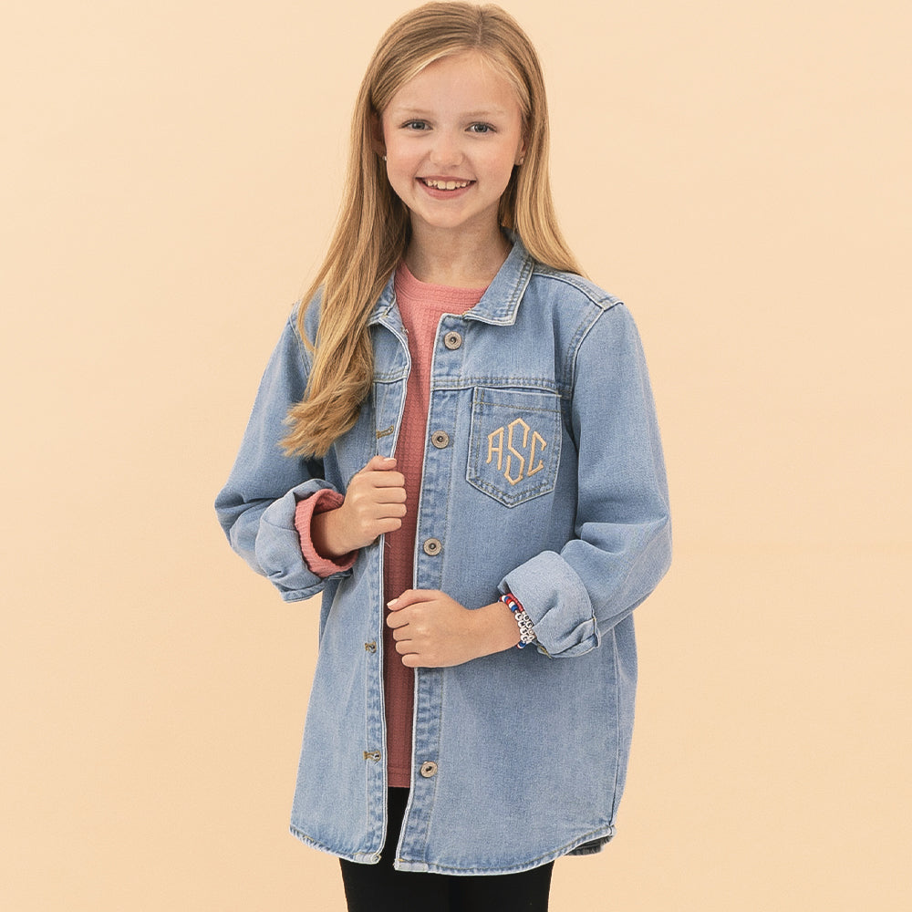 [addie] girl wearing personalized denim shacket up close