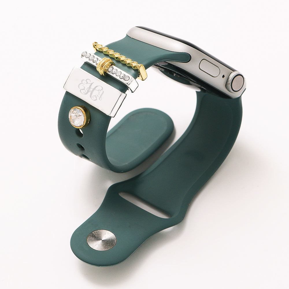 multi silver personalized smart watch charm set around green apple watch band