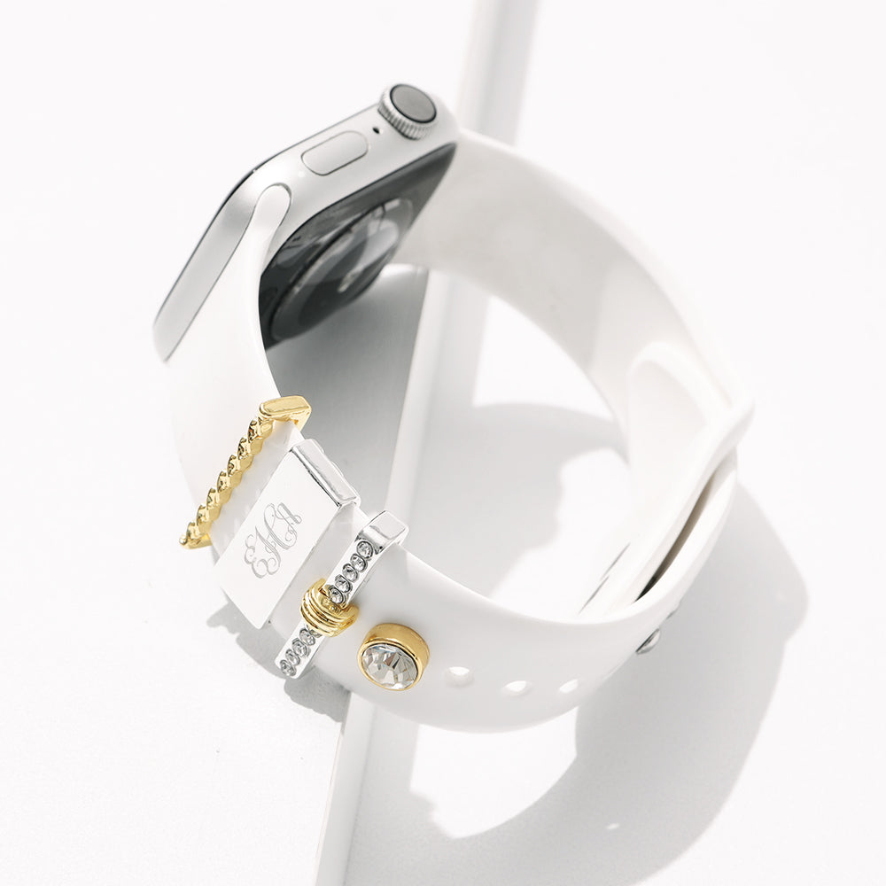 monogrammed silver multi apple smart watch charm set on band