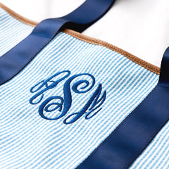 blue seersucker boat tote up close