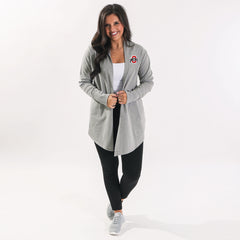ohio State buckeyes model wearing heathered gray cardigan with sneakers