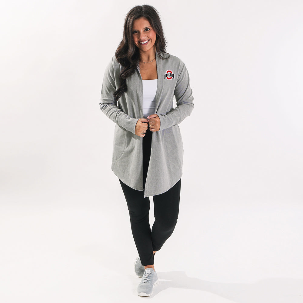 [megan] ohio State buckeyes model wearing heathered gray cardigan with sneakers
