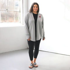ohio State buckeyes plus model wearing heathered gray cardigan