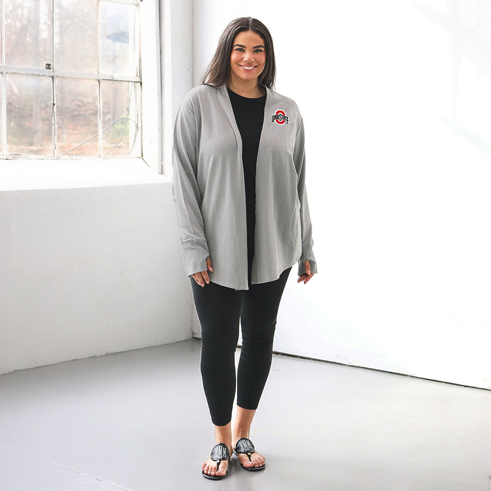 ohio State buckeyes plus model wearing heathered gray cardigan