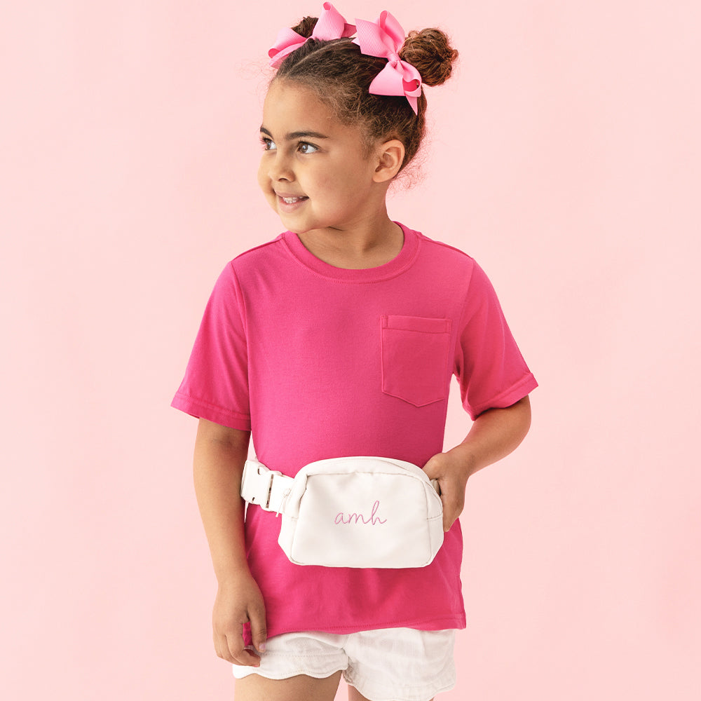 champagne kids belt bag around waist