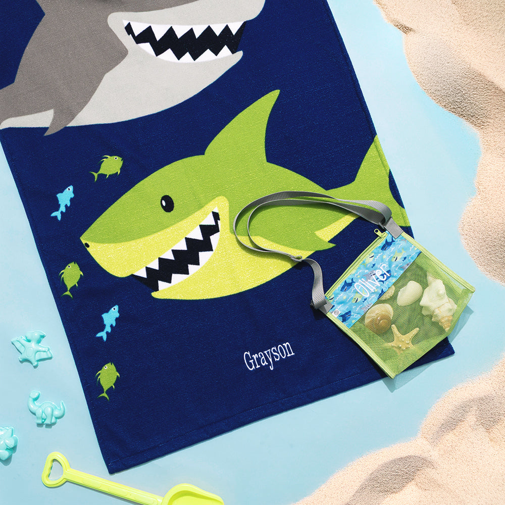 navy blue kids towel with shark design and embroidered monogram