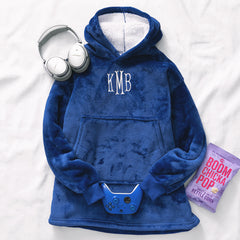 kid monogrammed blanket hoodie in blue with gaming gear