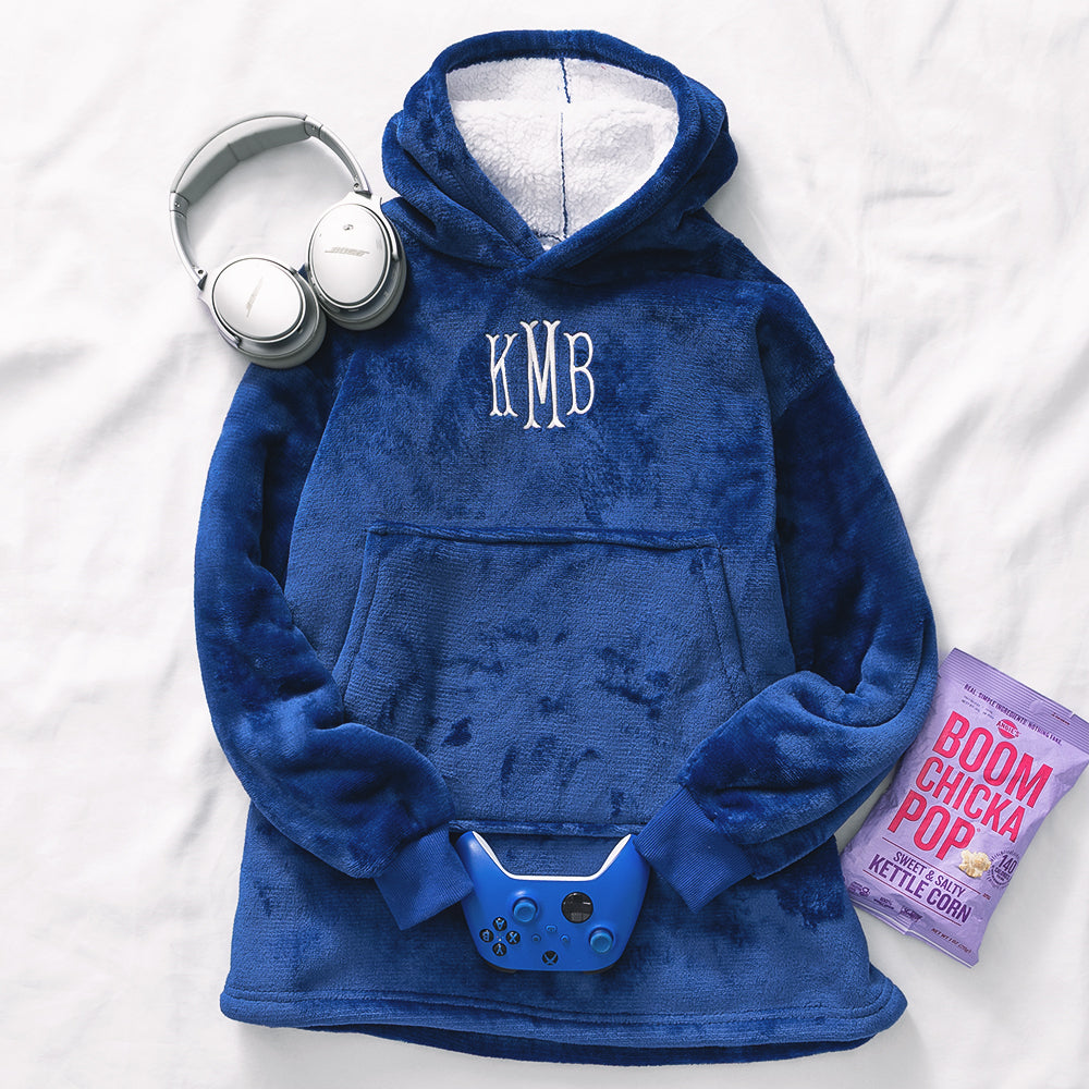 kid monogrammed blanket hoodie in blue with gaming gear