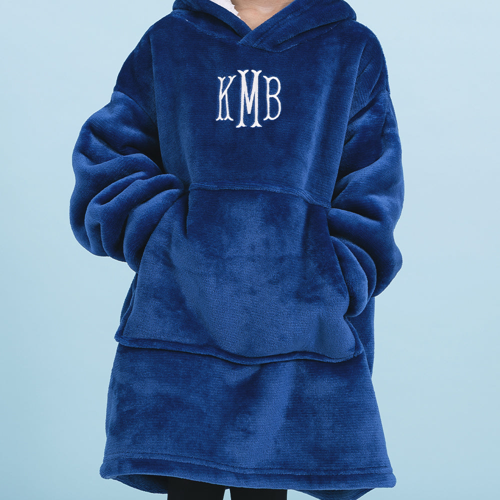 kids wearing blue monogrammed blanket hoodie
