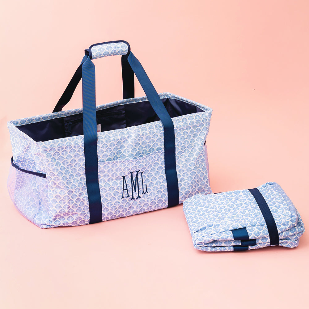 personalized wire top extra large tote in blue shells open and closed