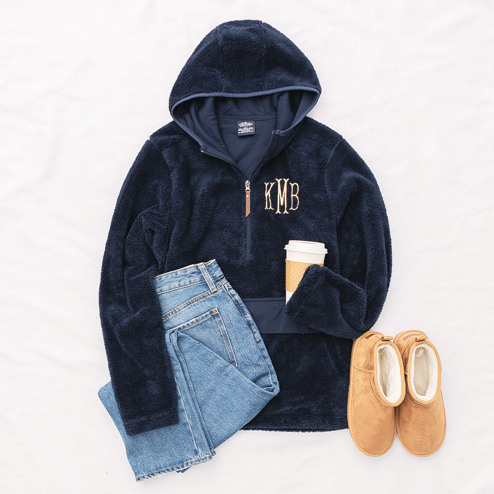 personalized lightweight fleece hoodie in navy ootd