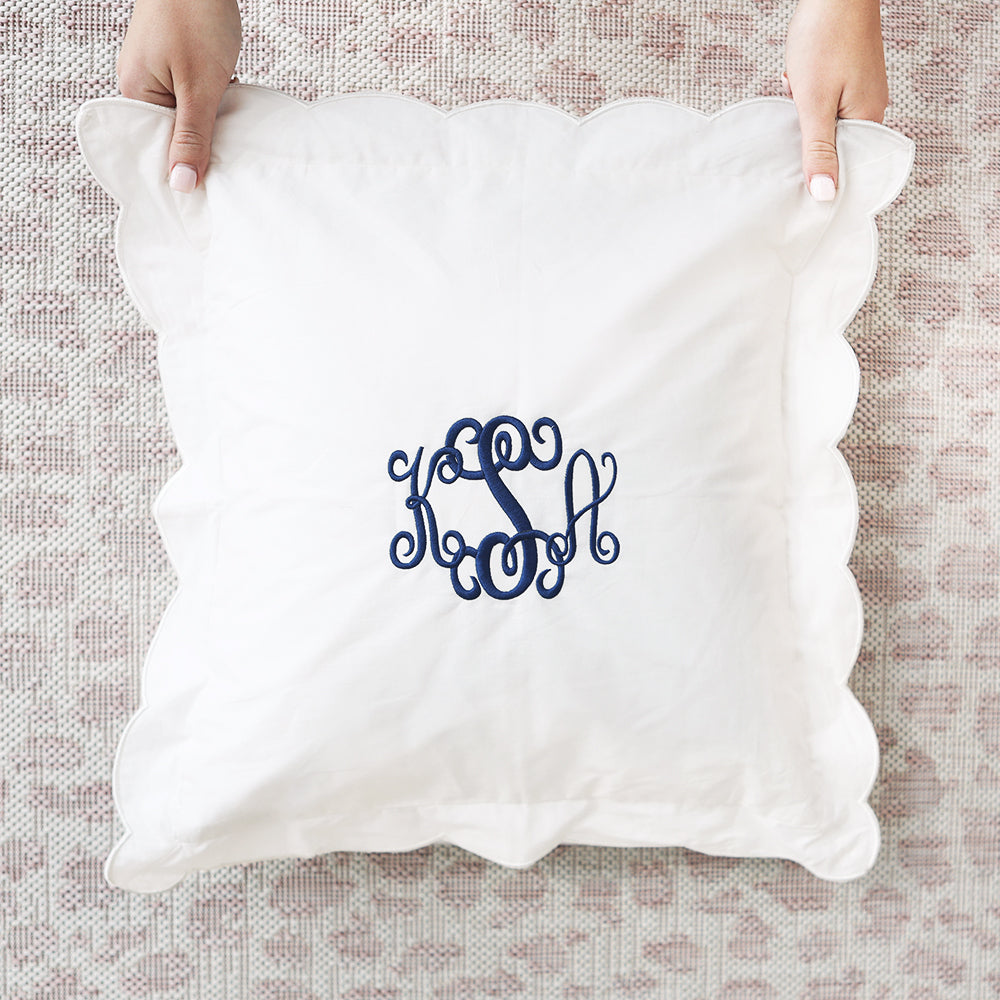 monogrammed square scalloped pillow sham with navy monogram