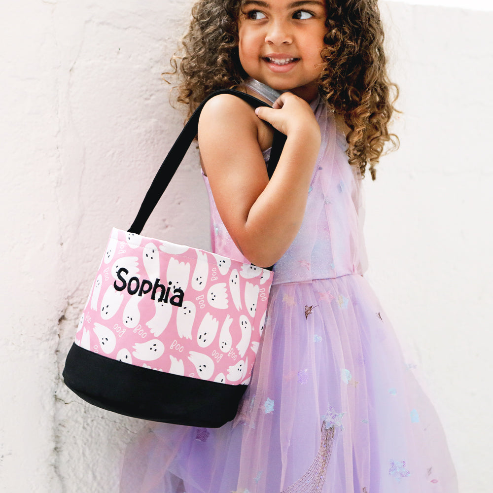 pink monogrammed halloween bag with ghosts