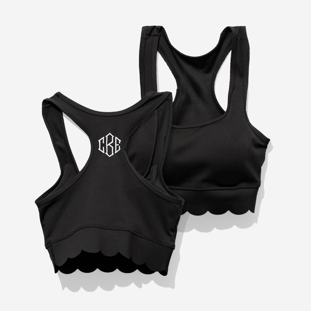 Monogrammed Scalloped Sports Bra in Black