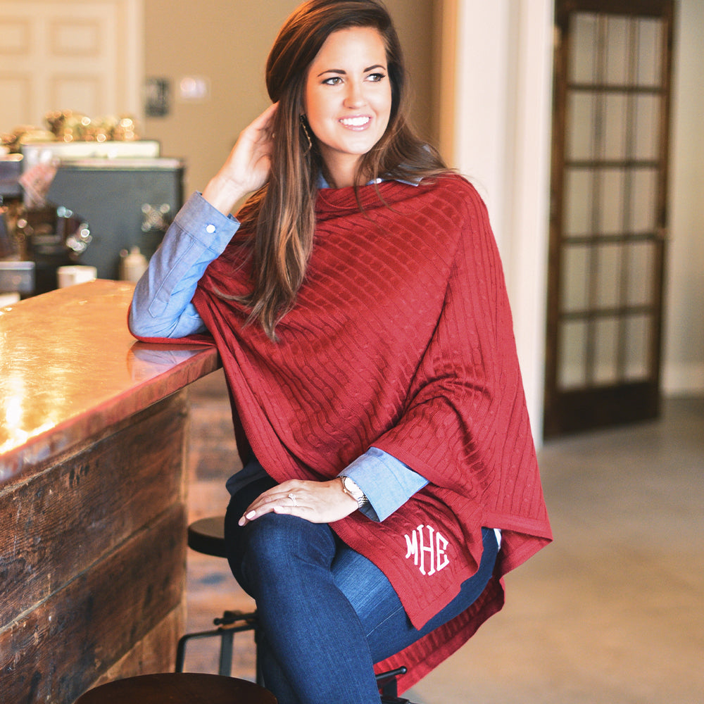 [tori] monogrammed crimson poncho with jeans