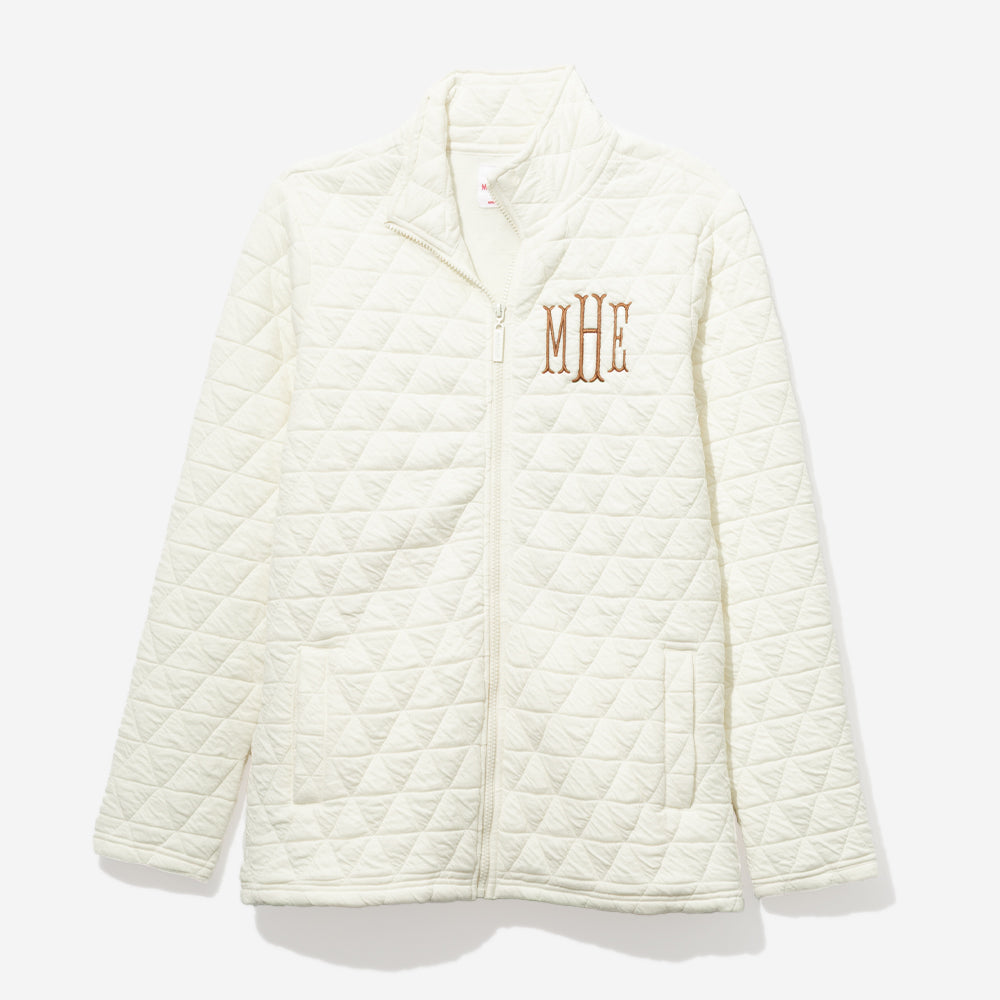 Monogrammed Quilted Full Zip Jacket in Ivory