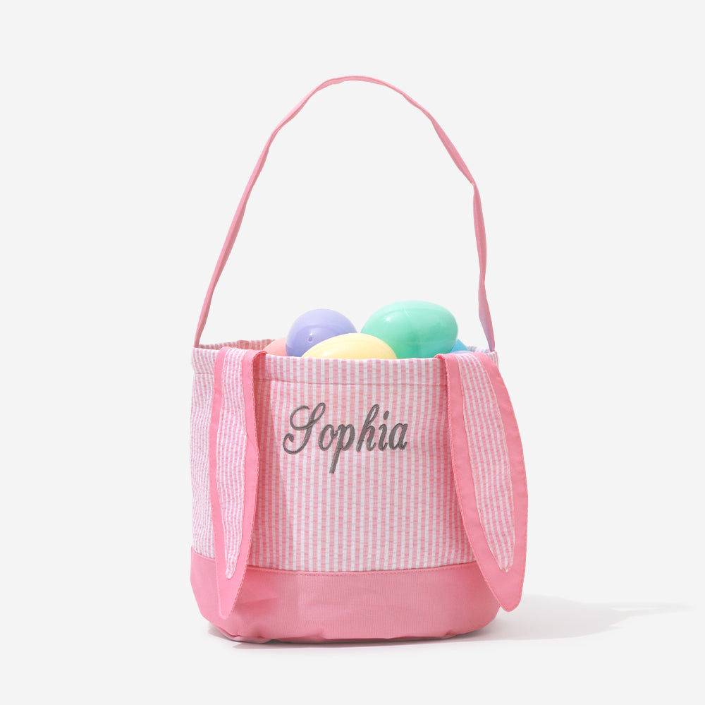Monogrammed Bunny Easter Basket in Pink Seersucker
