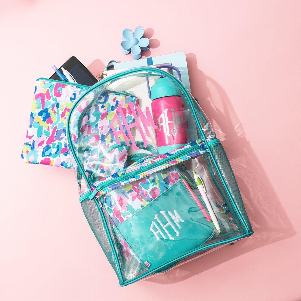 watercolor cheetah clear backpack flatlay