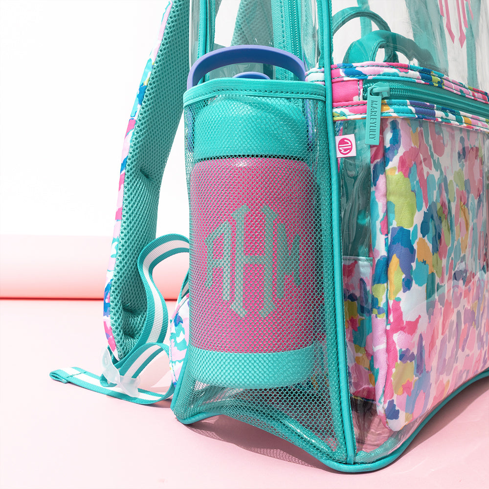 watercolor cheetah clear backpack up close