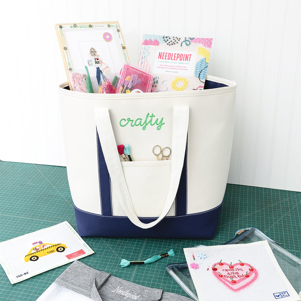 large canvas tote with craft supplies