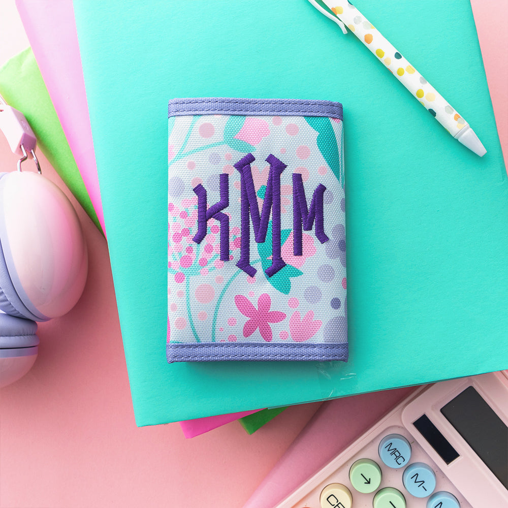 Lavender blooms wallet with school supplies