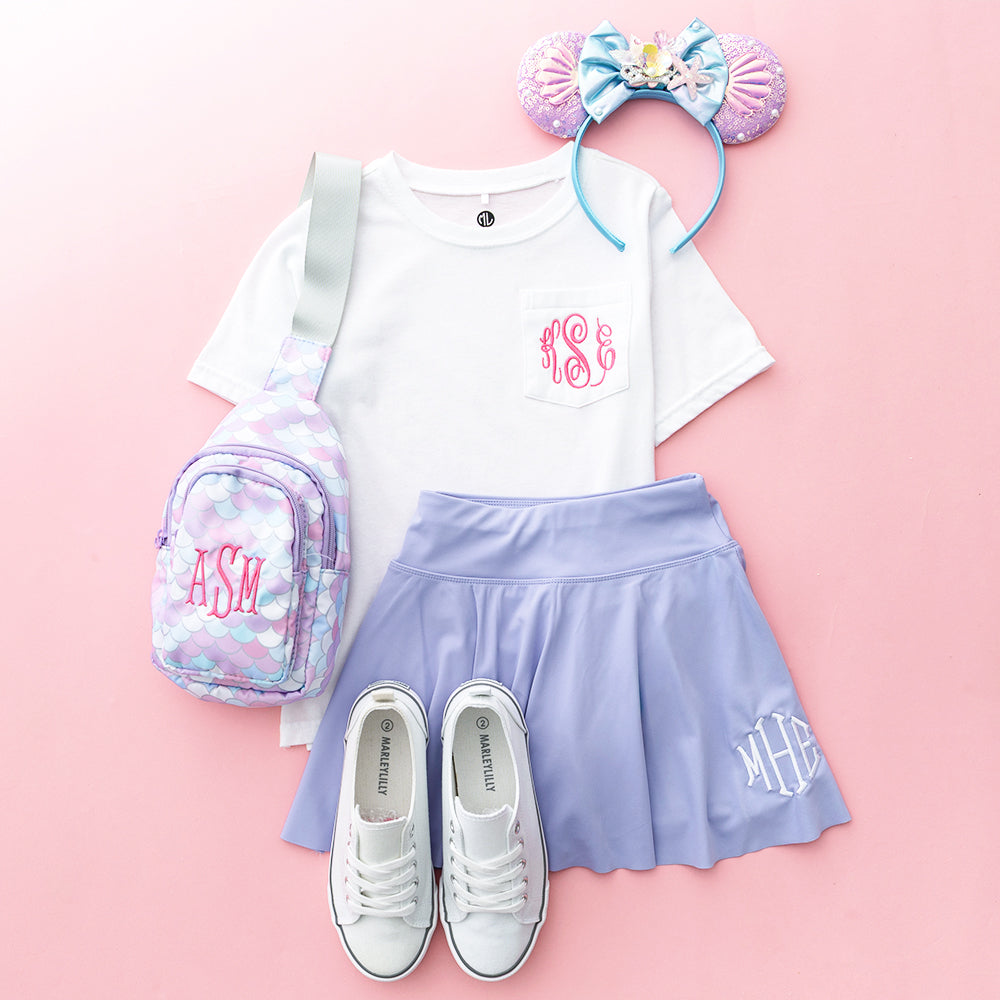 Lavender girls twirl skort flatlay with t shirt