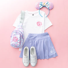 Lavender girls twirl skort flatlay with t shirt
