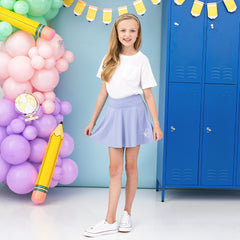 Lavender girls twirl skort with white t shirt on addie
