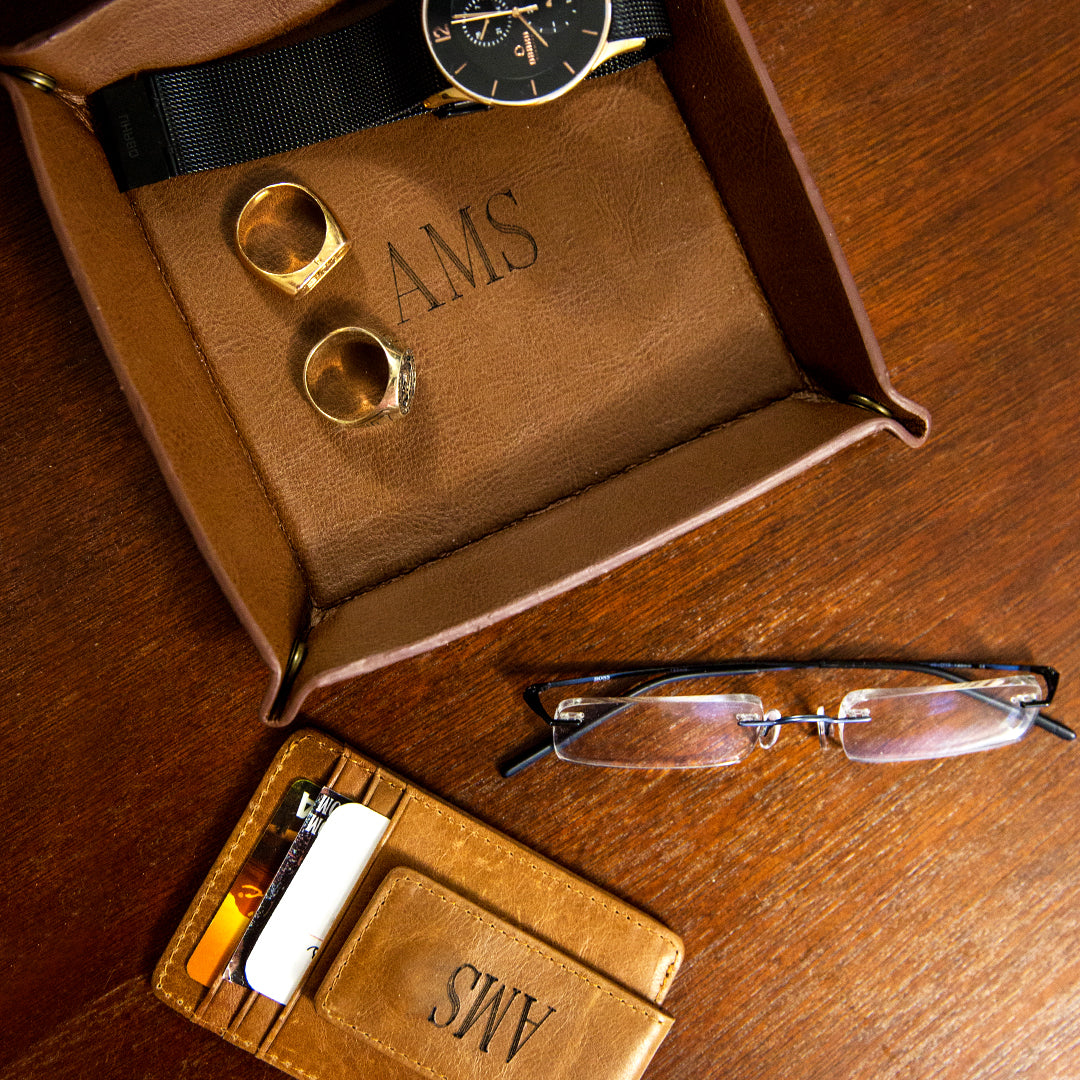 mens leather valet tray with watch, wallet,, and accessories