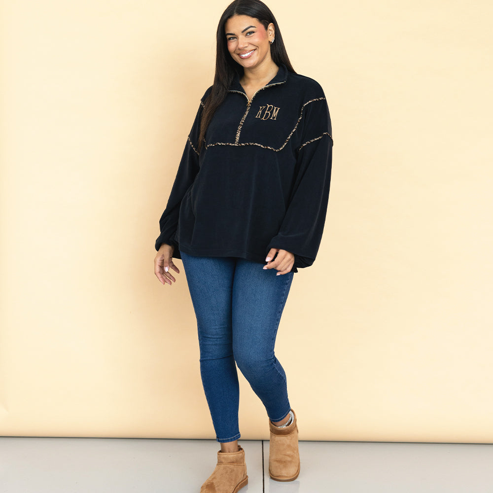 leopard piped pullover sweatshirt on julia ann studio shot