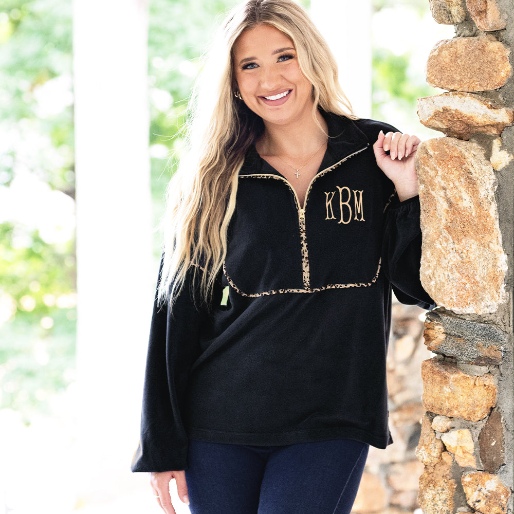 leopard piped pullover sweatshirt on katie