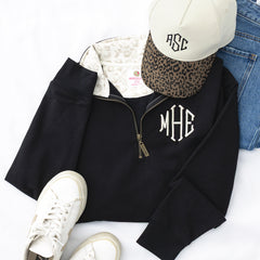 leopard trucker hat with quarter zip sweatshirt