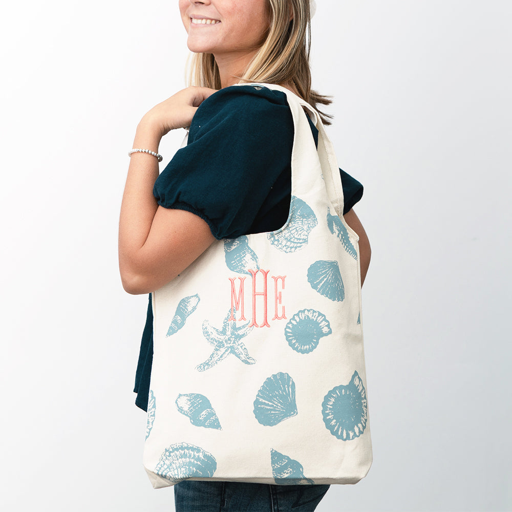 Monogrammed Shell Hobo Tote | Light Blue Shells