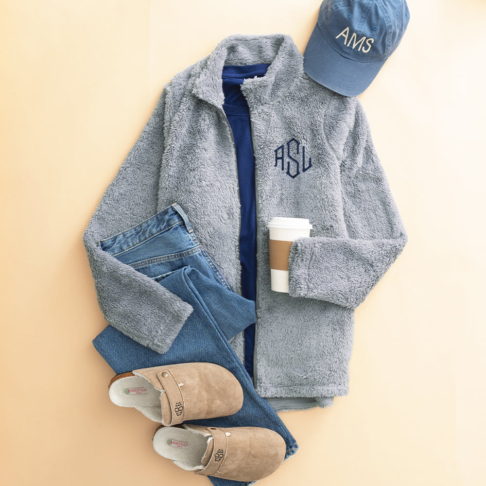 light gray fleece full zip jacket flatlay