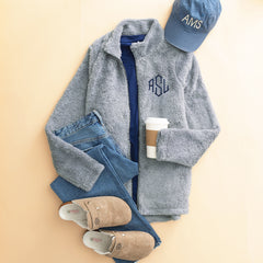 light gray fleece full zip jacket flatlay