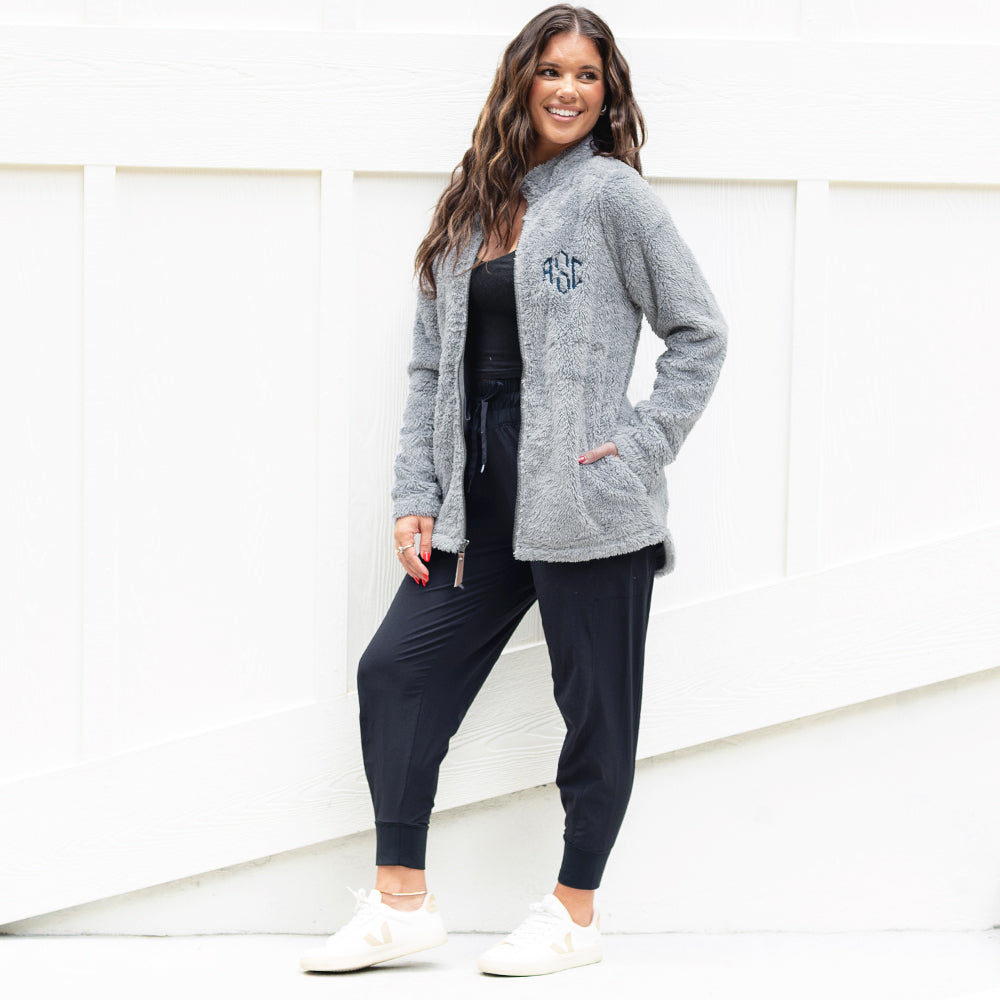 light gray fleece full zip jacket on peyton side view