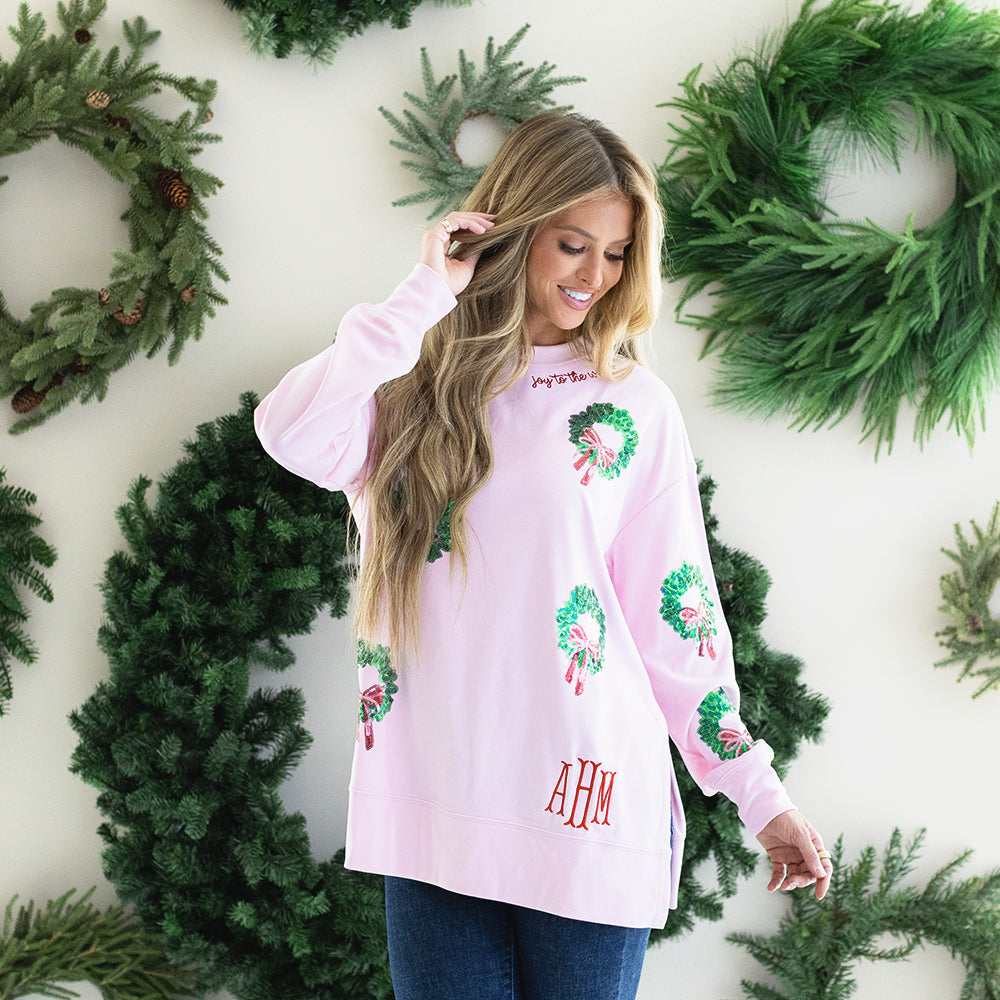[rachel] light pink monogrammed sequin wreath sweatshirt on rachel