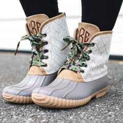 camo shoelaces on monogrammed gray duck boots