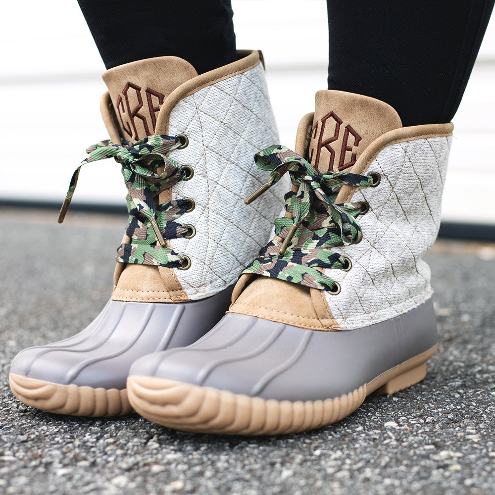 camo shoelaces on monogrammed gray duck boots