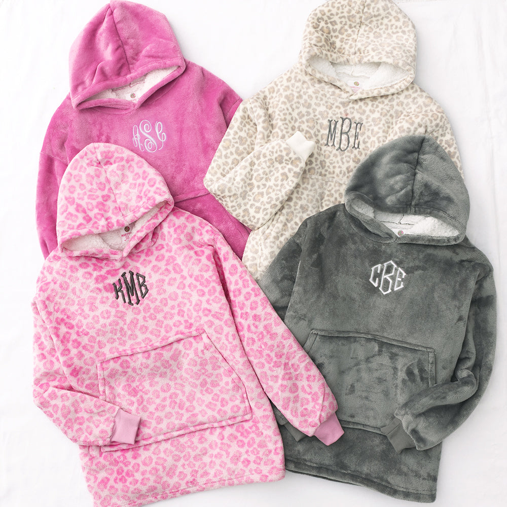 hot pink charcoal pink cheetah and snow leopard kids monogrammed blanket hoodies