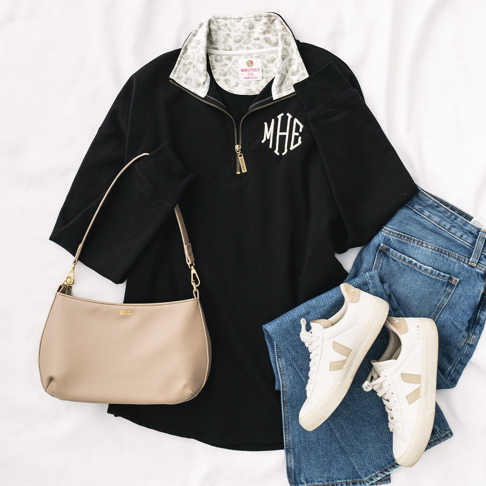luxe leopard monogrammed quarter zip sweatshirt ootd 