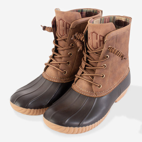 monogrammed duck boots in brown