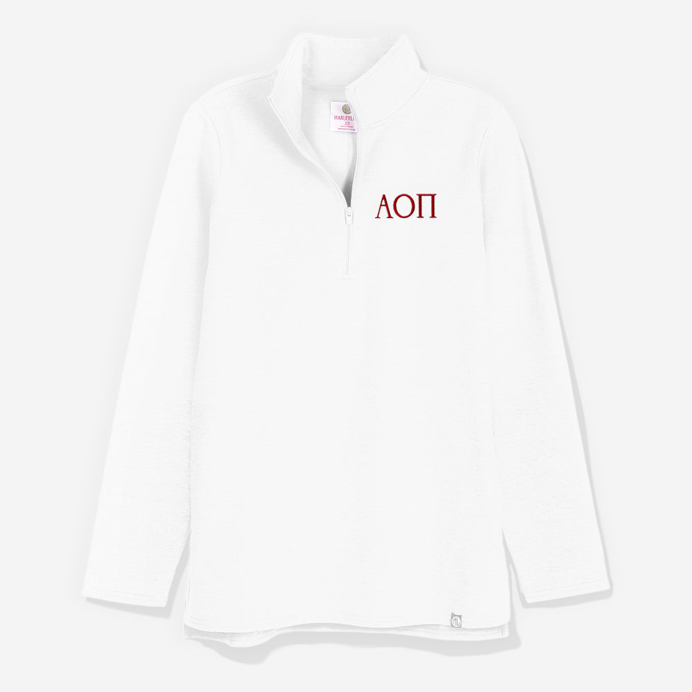 Alpha Omicron Pi Pullover Sweatshirt in White | Sorority Quarter Zip