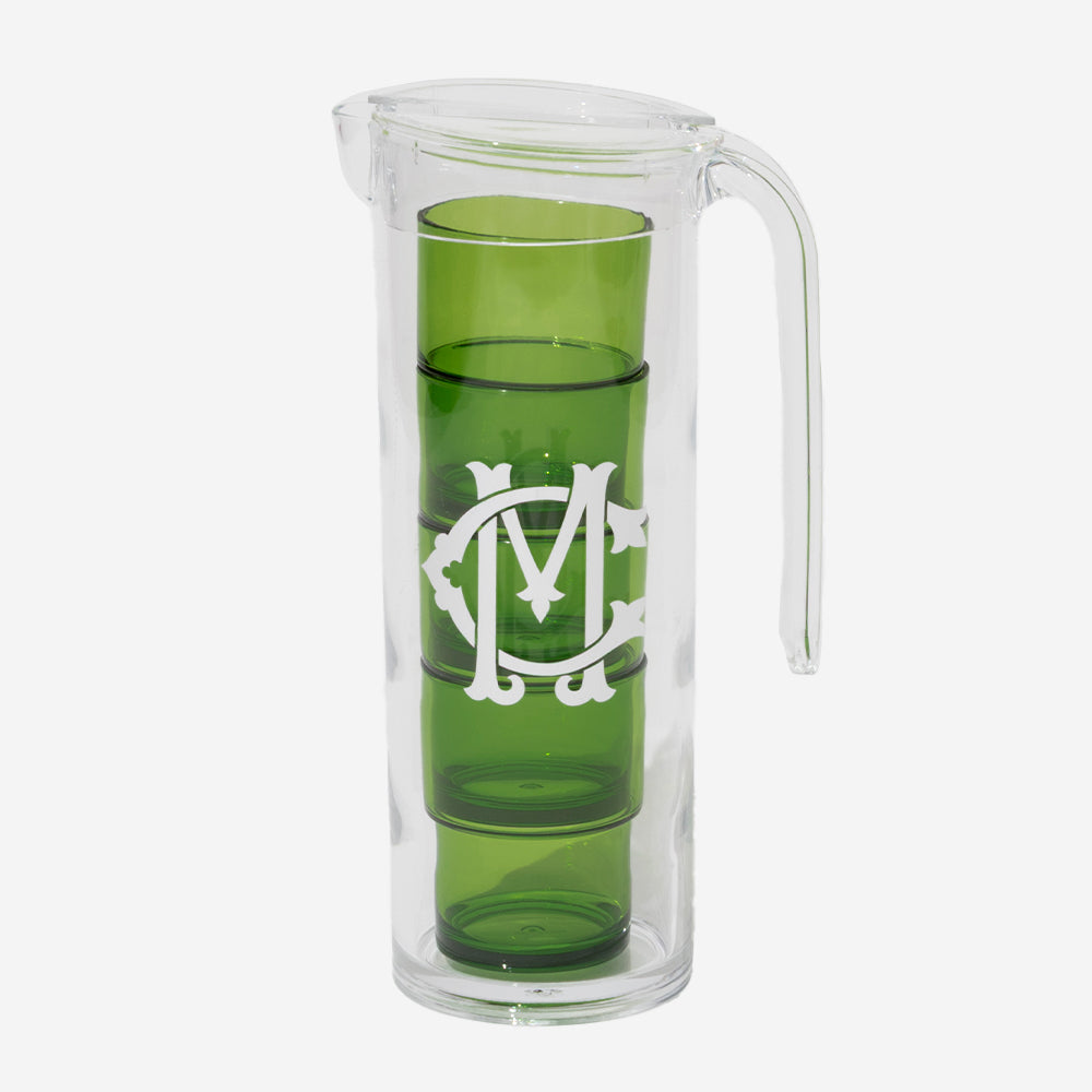 monogrammed acrylic pitcher with nesting cups in green