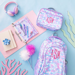 matching monogrammed binder pencil pouch backpack and lunch box in mermaid magic 
