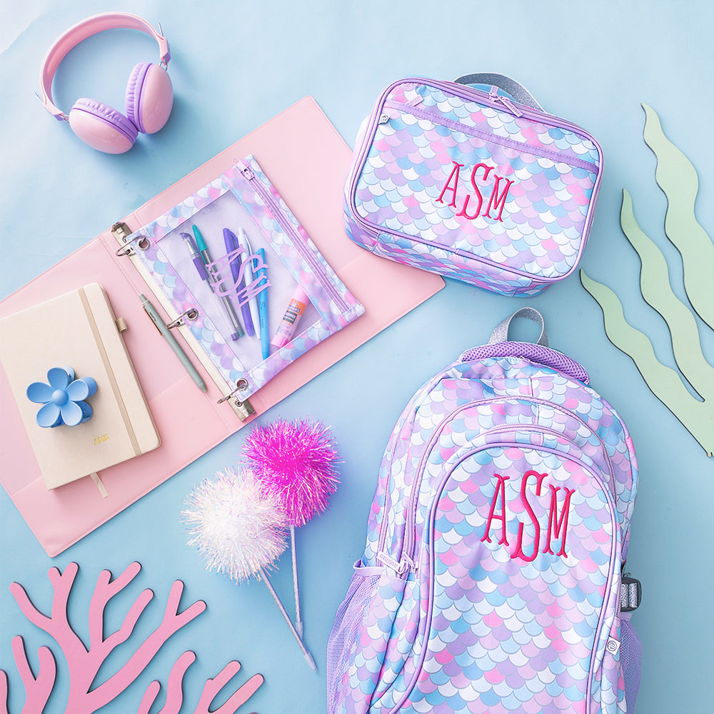 matching monogrammed binder pencil pouch backpack and lunch box in mermaid magic