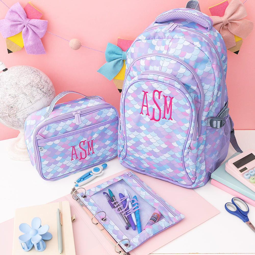 matching monogrammed binder pencil pouch backpack and lunchbox in mermaid magic